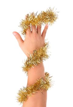Gold tinsel twined hand. Isolated on a white background.