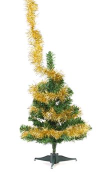 Christmas tree wrapped in tinsel. White background.