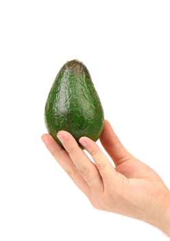 Hand holds avocado. Isolated on a white background.
