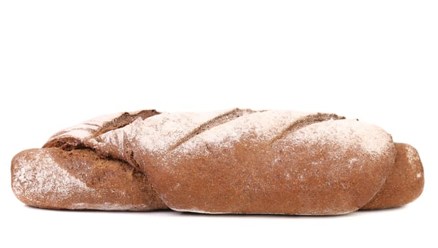 Brown bread dusted the flour. White background.
