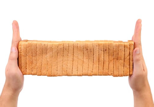 Hands holds sliced white bread on a white background