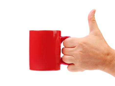 Hand hold red mug. Isolated on a white background.