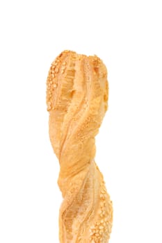 Just baked crunchy puff pastry with sesame. White background.