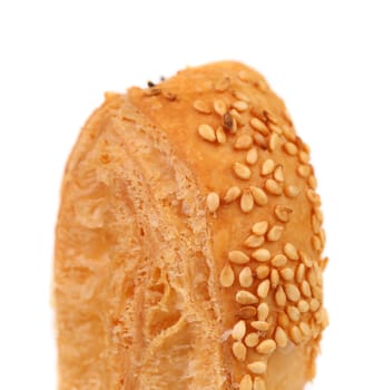 Just baked crunchy puff pastry with sesame. Macro.