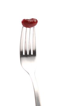 Single canned bean on fork. White background.