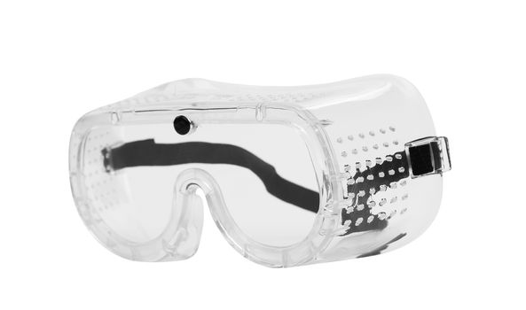 Clear safety glasses isolated on a white background.