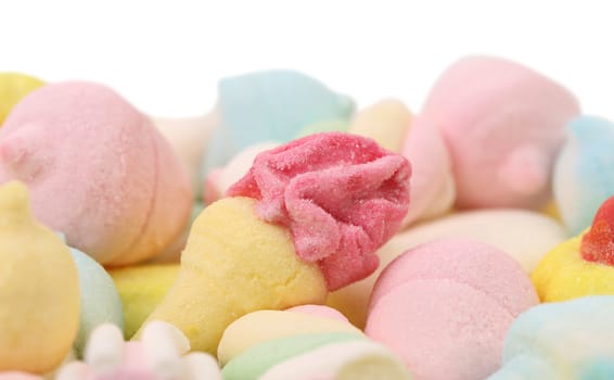 Marshmallow different forms. Close up. White background.