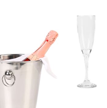 Champagne bottle in cooler and glass (with easy removable sample text)