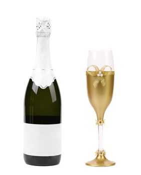 Champagne bottle and glass. Isolated on a white background.