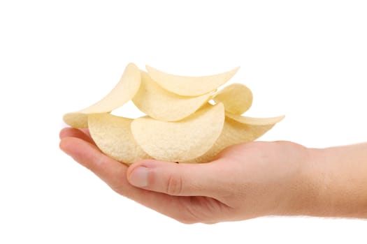 Hand holds potato chips. Isolated on a white background.