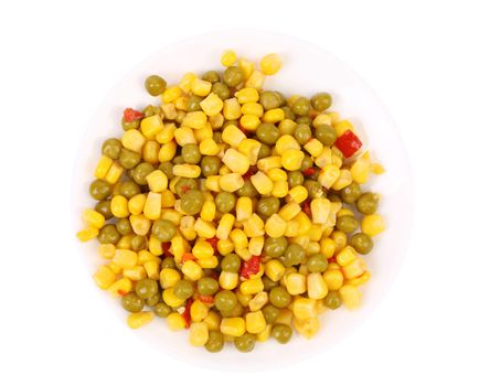 Corns and peas with tomatoes. White background.