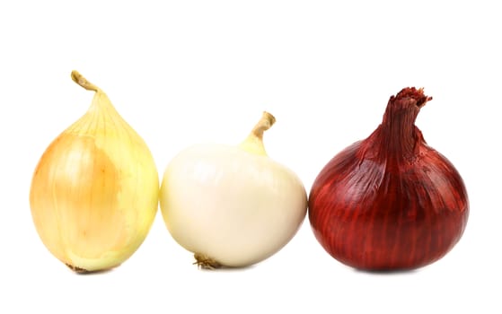 Red white gold onion bulbs isolated on a white background