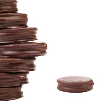 Stack biscuit sandwich with chocolate. White background.