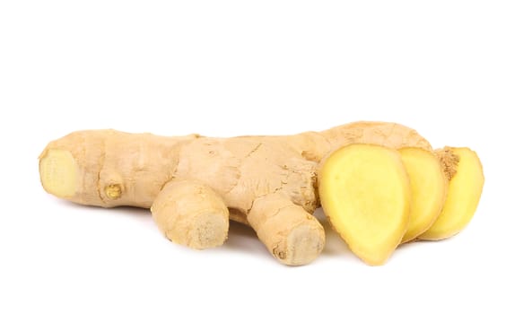 fresh ginger and slices on a white background