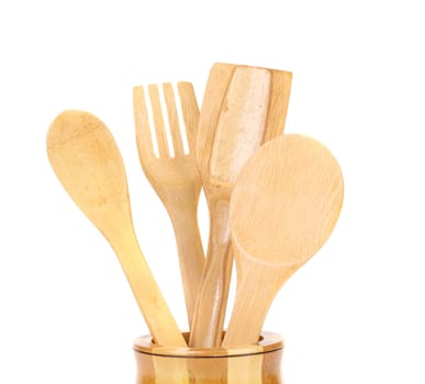 Wooden cutlery. Isolated on a white background.