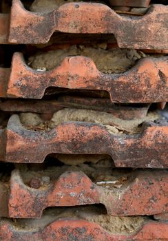 Background wall of the old red tiles. Close up.
