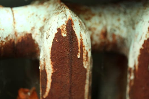 Close-up old radiator rustted. White rusty background.