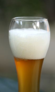 Glass of Bear with foam. Blurred background.