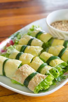 fried egg rolled with fresh vegetable , Vietnamese food