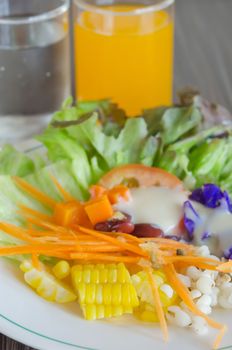 fresh vegetable salad and glass of orange juice and water