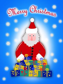 Illustration of Santa Claus in red coat with Christmas presents and blue background
