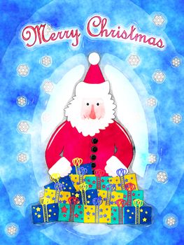 Water color picture of Santa Claus in red coat with Christmas presents and blue background