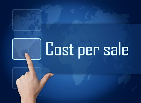 Cost per sale concept with interface and world map on blue background