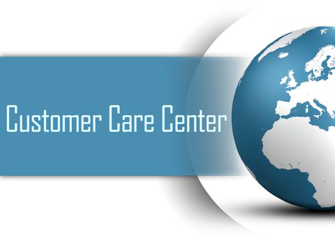 Customer Care Center concept with globe on white background