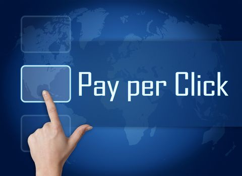 Pay per Click concept with interface and world map on blue background