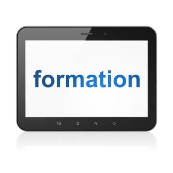 Education concept: black tablet pc computer with text Formation on display. Modern portable touch pad on White background, 3d render