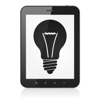 Business concept: black tablet pc computer with Light Bulb icon on display. Modern portable touch pad on White background, 3d render