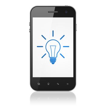 Business concept: smartphone with Light Bulb icon on display. Mobile smart phone on White background, cell phone 3d render