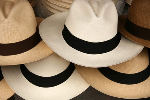 Handmade Panama Hats for sale at the outdoor craft market in Otavalo, Ecuador