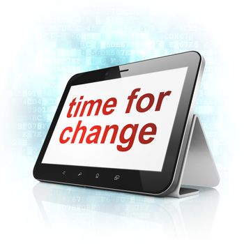 Time concept: black tablet pc computer with text Time for Change on display. Modern portable touch pad on Blue Digital background, 3d render