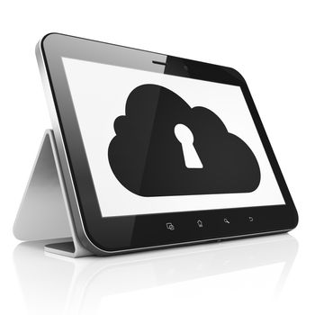 Cloud networking concept: black tablet pc computer with Cloud With Keyhole icon on display. Modern portable touch pad on White background, 3d render