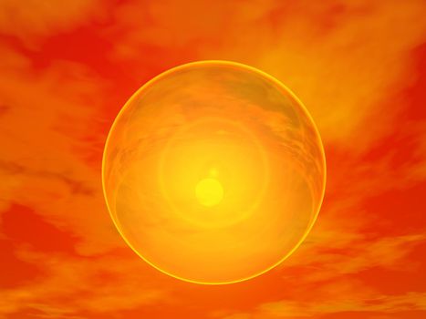 Sun visible behind transparent bubble by red cloudy sunset
