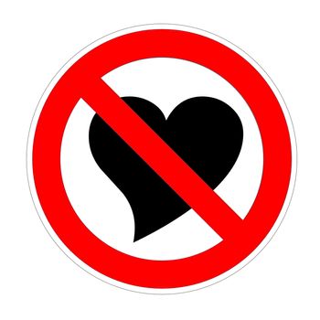Black shape of heart into forbidden sign in white background