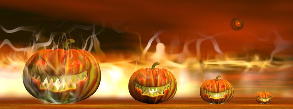 Four pumpkin lanterns burning on the ground by night with red planet for halloween