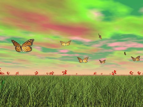 Many monarch butterflies flying upon grass with red flowers and colorful sky