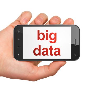 Data concept: hand holding smartphone with word Big Data on display. Mobile smart phone in hand on White background, 3d render