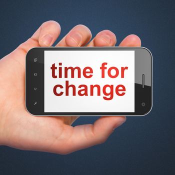 Timeline concept: hand holding smartphone with word Time for Change on display. Mobile smart phone in hand on Blue background, 3d render