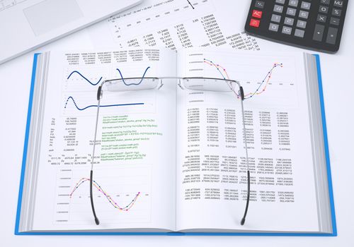 The book, calculator and paper charts. 3d rendering