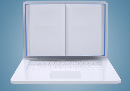 Blank book to screen laptop. The concept of media technologies. Isolated render on a blue background