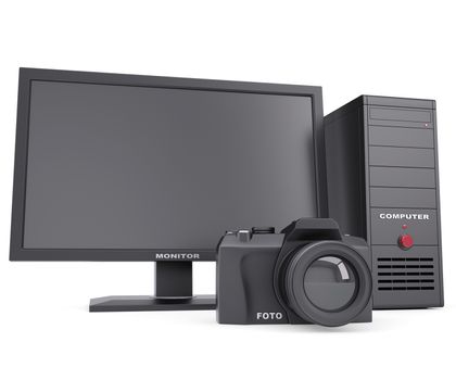 The system unit, monitor and camera. Isolated render on a white background