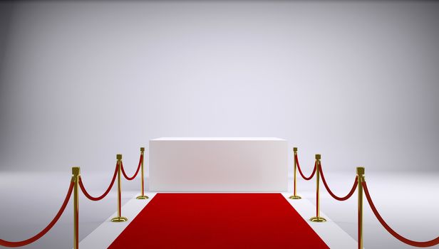 The red carpet and white box. Gray background. 3d rendering