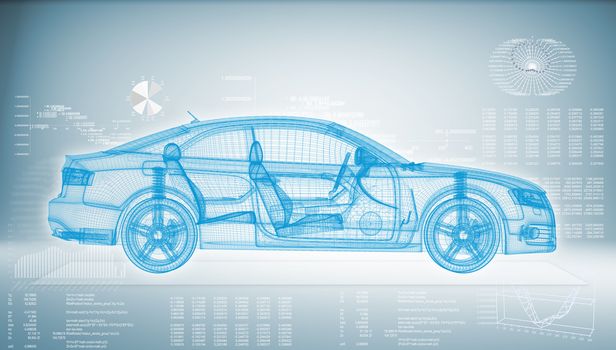 Hi-tech car on a blue background. The concept of future technologies