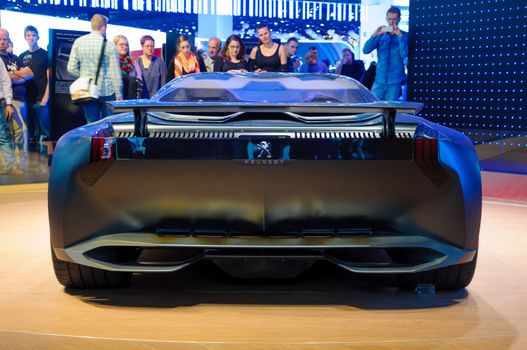 FRANKFURT - SEPT 21: Peugeot Onyx hybrid supercar (conceptcar) presented as world premiere at the 65th IAA (Internationale Automobil Ausstellung) on September 21, 2013 in Frankfurt, Germany