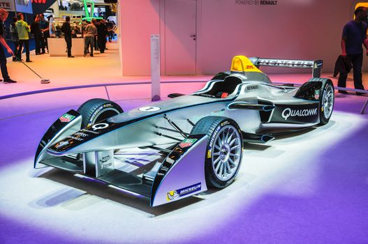 FRANKFURT - SEPT 21: Spark-Renault Formula E Race Car presented as world premiere at the 65th IAA (Internationale Automobil Ausstellung) on September 21, 2013 in Frankfurt, Germany