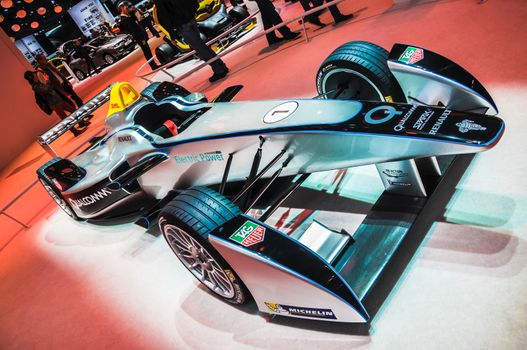 FRANKFURT - SEPT 21: Spark-Renault Formula E Race Car presented as world premiere at the 65th IAA (Internationale Automobil Ausstellung) on September 21, 2013 in Frankfurt, Germany