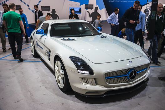 FRANKFURT - SEPT 21: MERCEDES-BENZ SLS AMG presented as world premiere at the 65th IAA (Internationale Automobil Ausstellung) on September 21, 2013 in Frankfurt, Germany